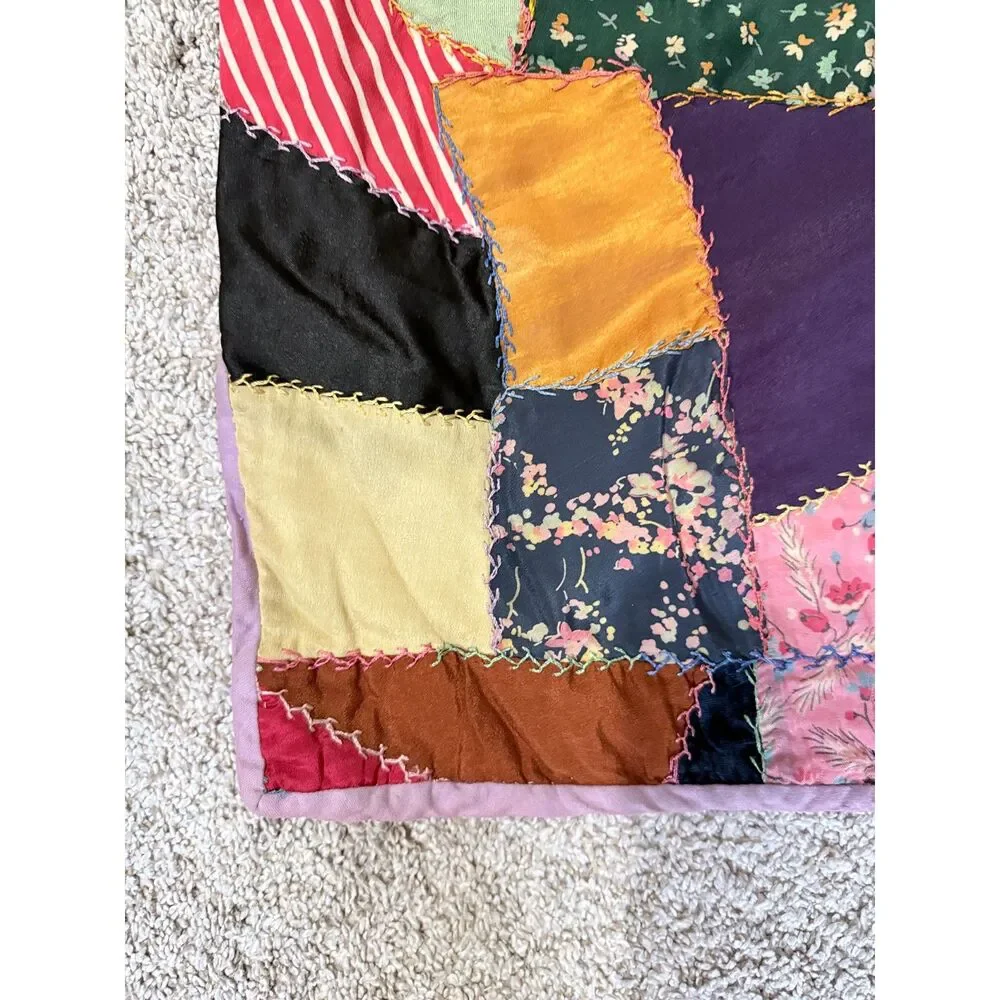 Antique Victorian Crazy Quilt Silk Satin Patchwork Hand Embroidered